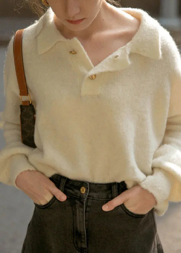 Loose Beige Peter Pan Collar Button  Cotton Knit Top Fall Ada Fashion