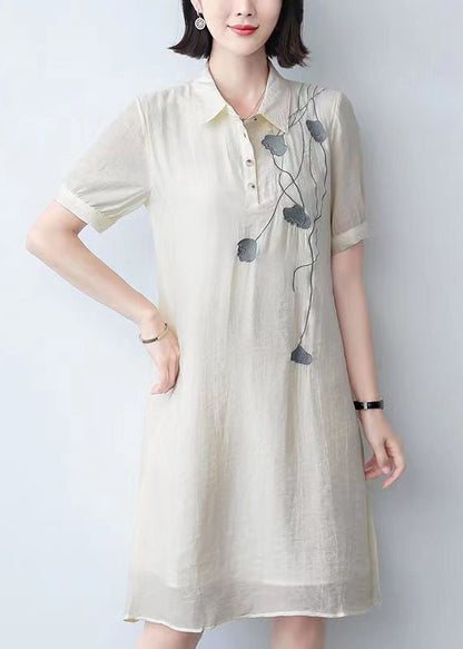 Loose Beige Peter Pan Collar Print Cotton Mid Dress Summer Ada Fashion