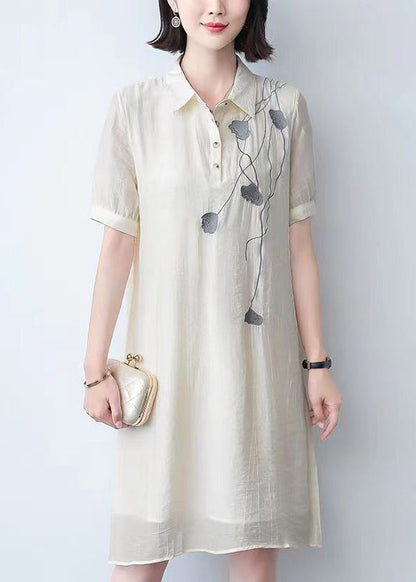 Loose Beige Peter Pan Collar Print Cotton Mid Dress Summer Ada Fashion