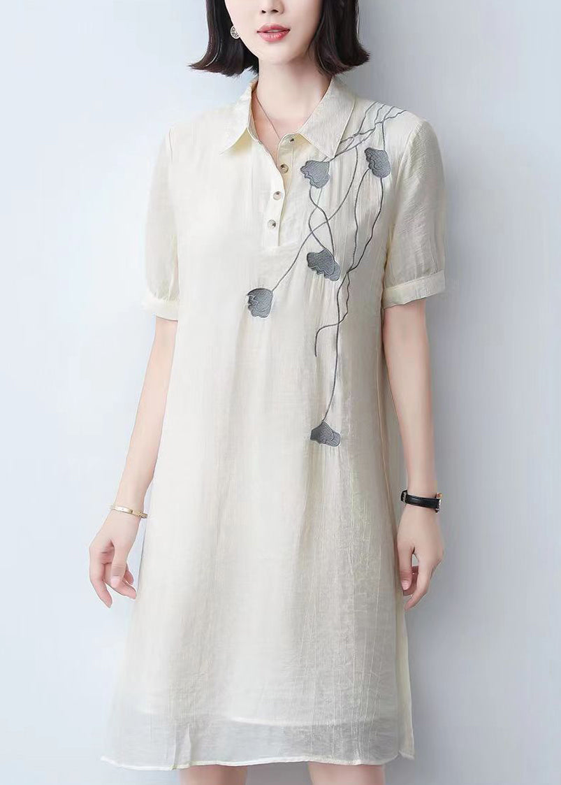 Loose Beige Peter Pan Collar Print Cotton Mid Dress Summer Ada Fashion