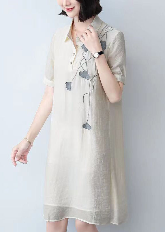 Loose Beige Peter Pan Collar Print Cotton Mid Dress Summer Ada Fashion