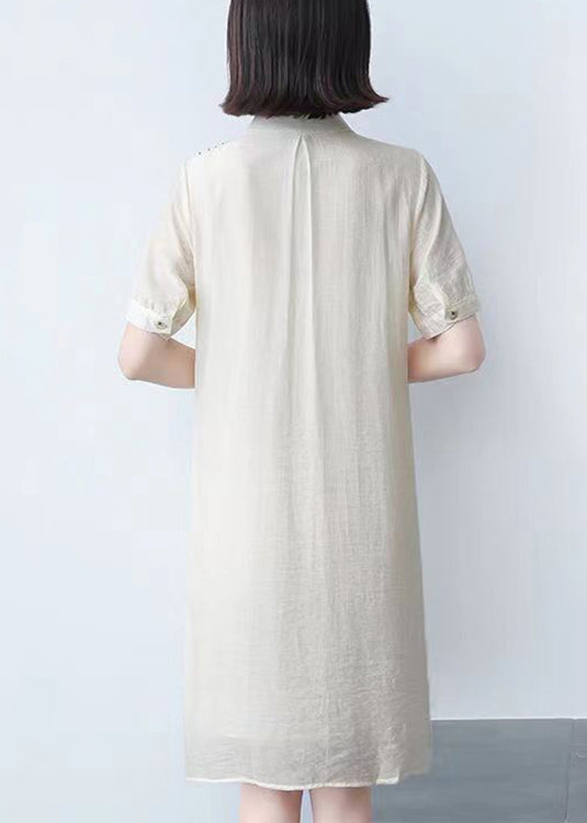 Loose Beige Peter Pan Collar Print Cotton Mid Dress Summer Ada Fashion