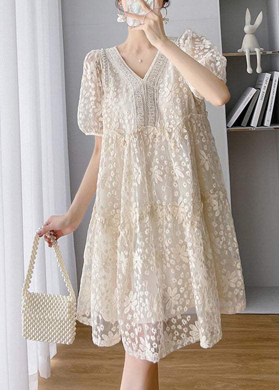 Loose Beige V Neck Lace Patchwork Long Dress Short Sleeve LY4482 - fabuloryshop