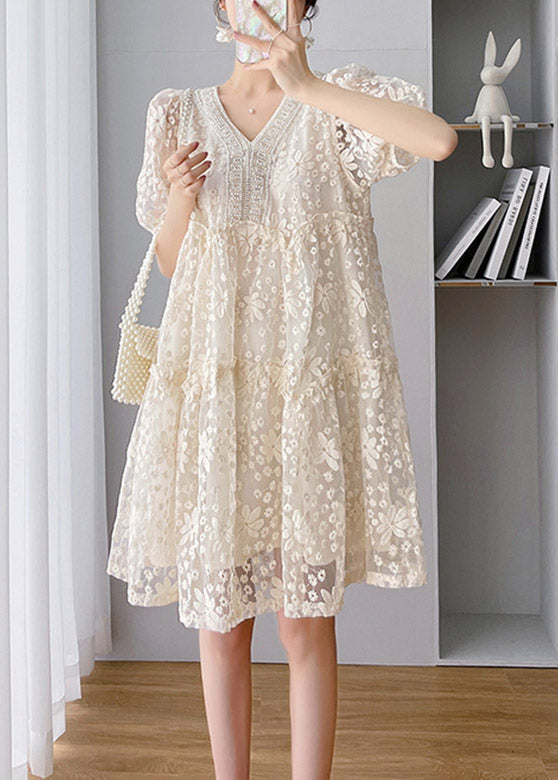 Loose Beige V Neck Lace Patchwork Long Dress Short Sleeve LY4482 - fabuloryshop