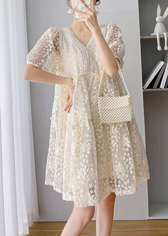 Loose Beige V Neck Lace Patchwork Long Dress Short Sleeve LY4482 - fabuloryshop