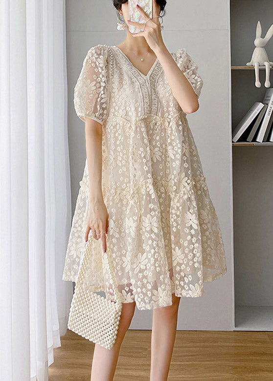 Loose Beige V Neck Lace Patchwork Long Dress Short Sleeve LY4482 - fabuloryshop