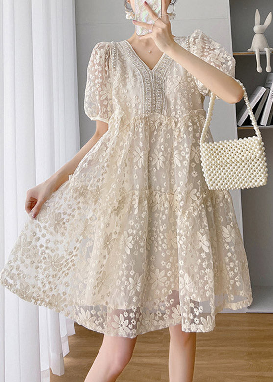 Loose Beige V Neck Lace Patchwork Long Dress Short Sleeve LY4482 - fabuloryshop