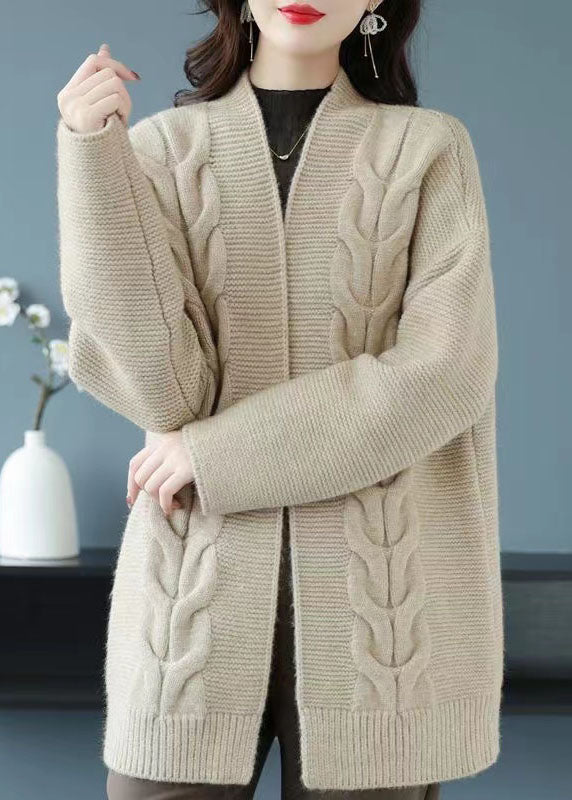 Loose Beige V Neck Patchwork Thick Wool Knit Cardigan Fall Ada Fashion