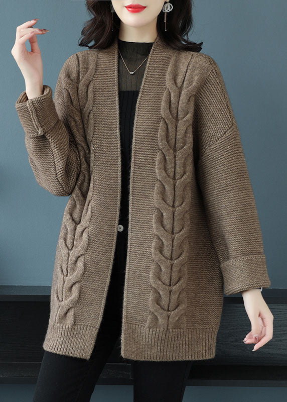 Loose Beige V Neck Patchwork Thick Wool Knit Cardigan Fall Ada Fashion