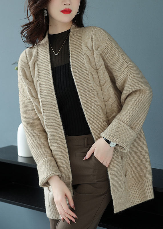 Loose Beige V Neck Patchwork Thick Wool Knit Cardigan Fall Ada Fashion