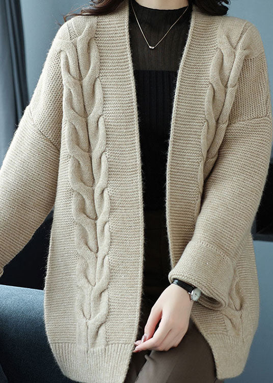 Loose Beige V Neck Patchwork Thick Wool Knit Cardigan Fall Ada Fashion