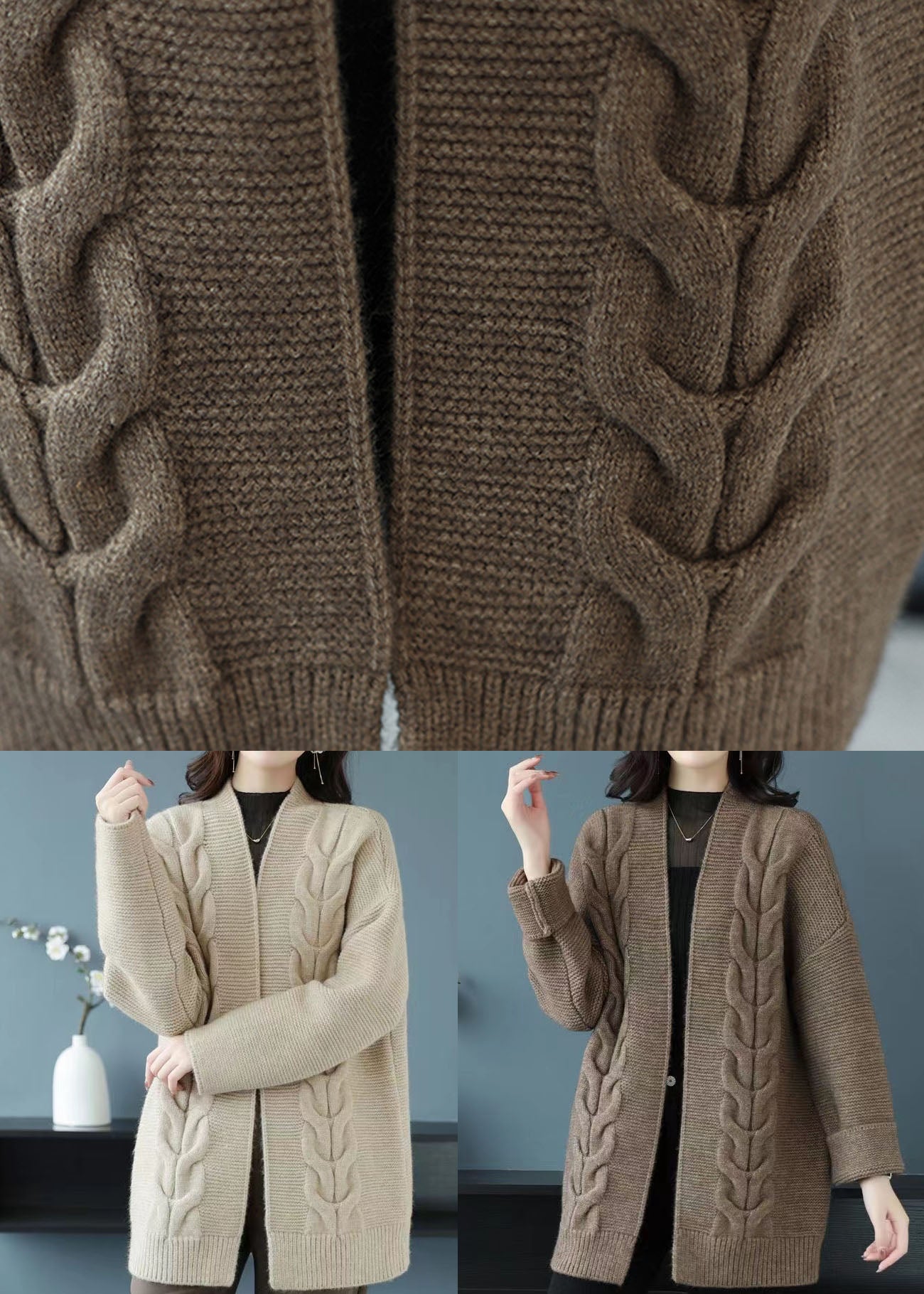 Loose Beige V Neck Patchwork Thick Wool Knit Cardigan Fall Ada Fashion