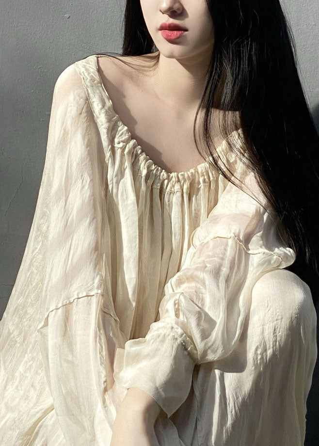 Loose Beige Wrinkled Patchwork Silk Dress Long Sleeve LY2757