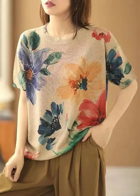 Loose Big Flower O-Neck Cozy Cotton Knit Top Short Sleeve Ada Fashion