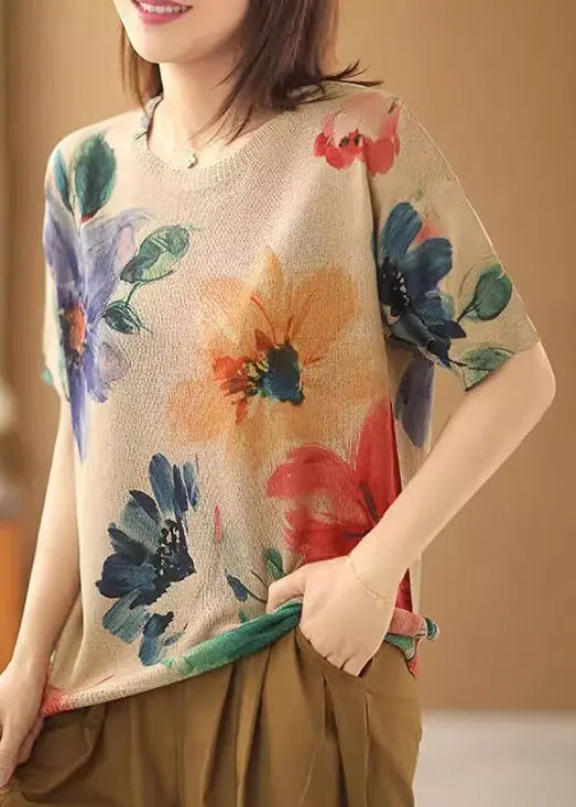 Loose Big Flower O-Neck Cozy Cotton Knit Top Short Sleeve Ada Fashion