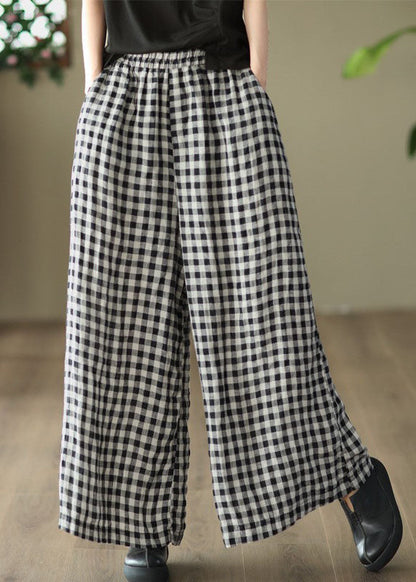 Loose Big Plaid Pockets Elastic Waist Patchwork Linen Pants Summer LY5055 - fabuloryshop