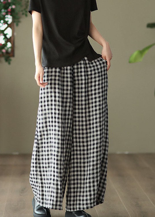 Loose Big Plaid Pockets Elastic Waist Patchwork Linen Pants Summer LY5055 - fabuloryshop