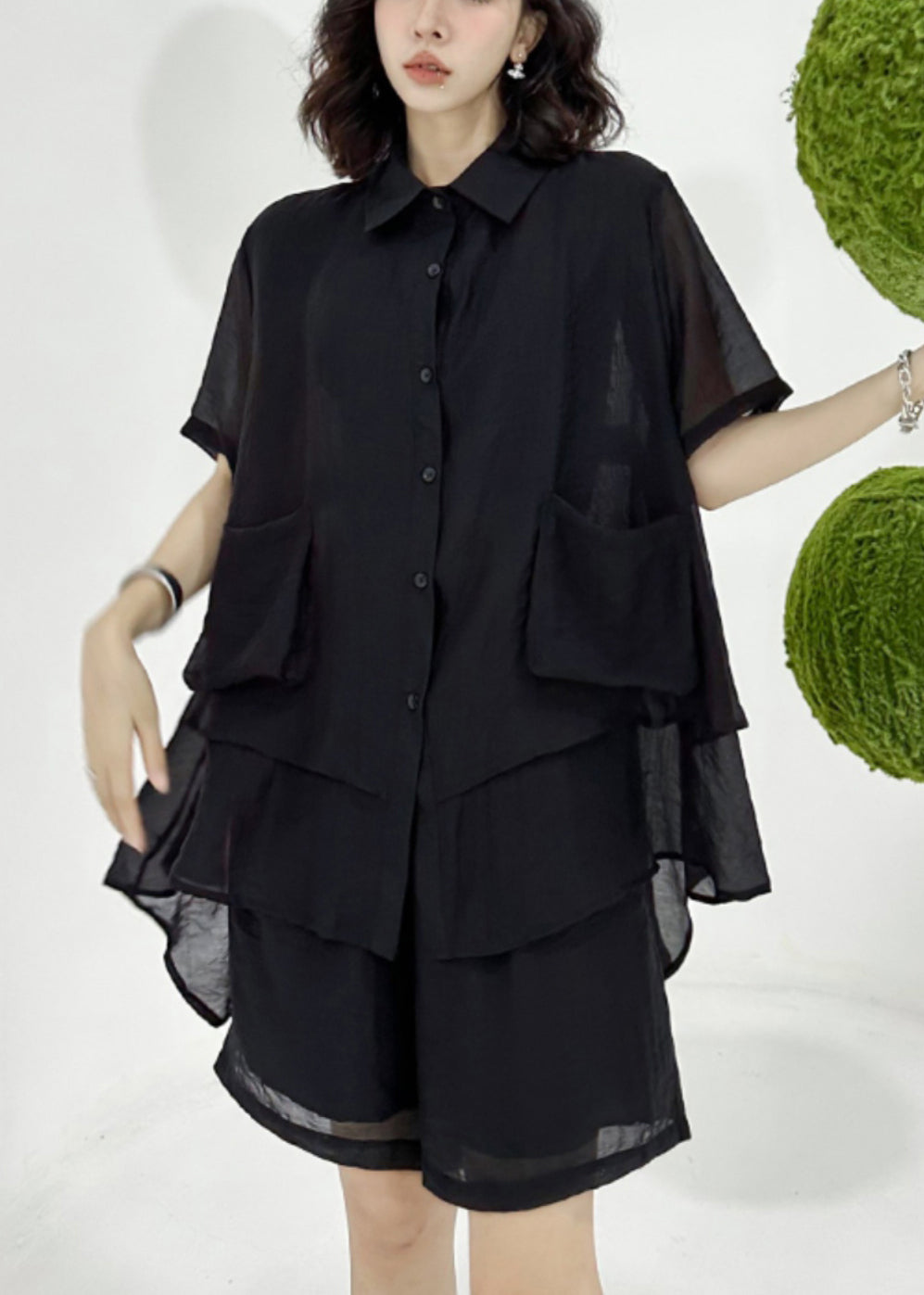 Loose Black Asymmetrical Patchwork Shirts And Shorts Cotton Two Pieces Set Summer Ada Fashion