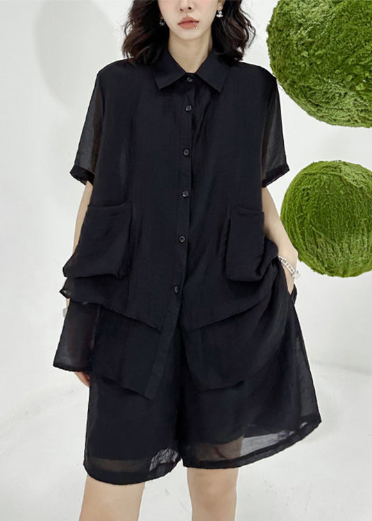 Loose Black Asymmetrical Patchwork Shirts And Shorts Cotton Two Pieces Set Summer Ada Fashion