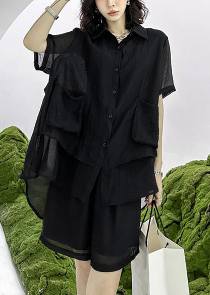 Loose Black Asymmetrical Patchwork Shirts And Shorts Cotton Two Pieces Set Summer Ada Fashion