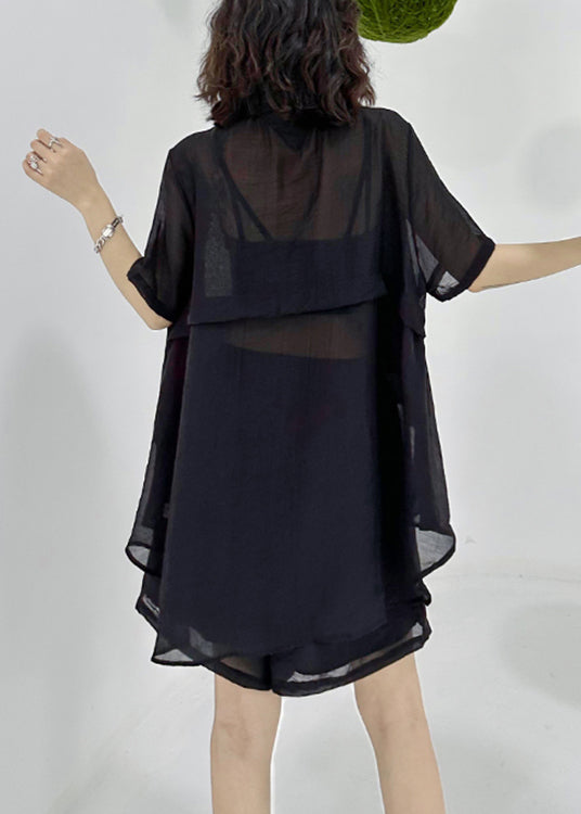 Loose Black Asymmetrical Patchwork Shirts And Shorts Cotton Two Pieces Set Summer Ada Fashion