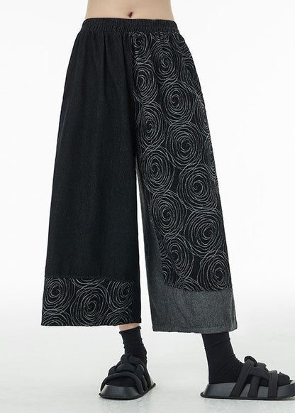 Loose Black Asymmetrical Print Cotton Wide Leg Pants Summer TS1080 - fabuloryshop