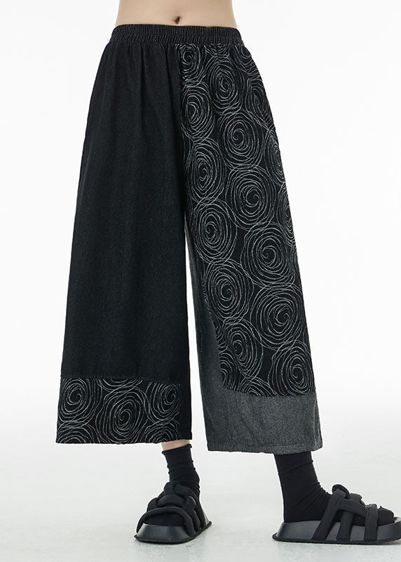 Loose Black Asymmetrical Print Cotton Wide Leg Pants Summer LC0130 - fabuloryshop