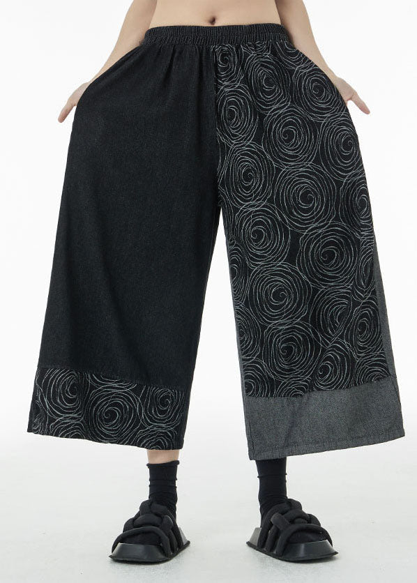 Loose Black Asymmetrical Print Cotton Wide Leg Pants Summer TS1080 - fabuloryshop