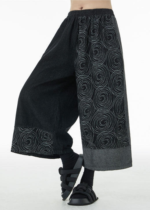 Loose Black Asymmetrical Print Cotton Wide Leg Pants Summer TS1080 - fabuloryshop