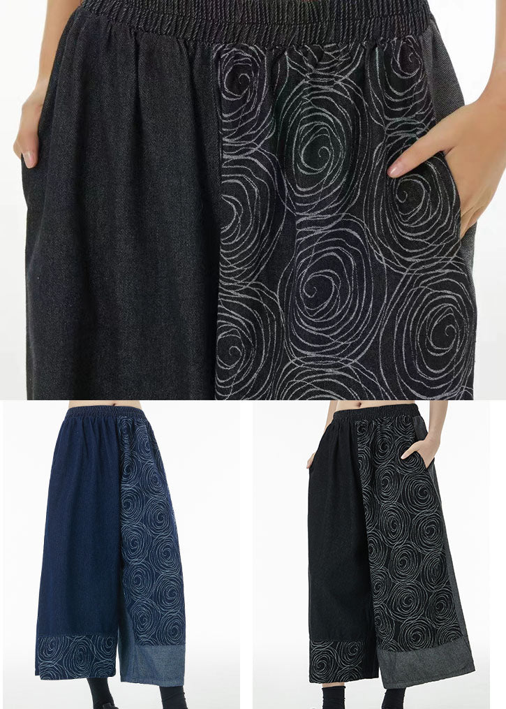 Loose Black Asymmetrical Print Cotton Wide Leg Pants Summer TS1080 - fabuloryshop