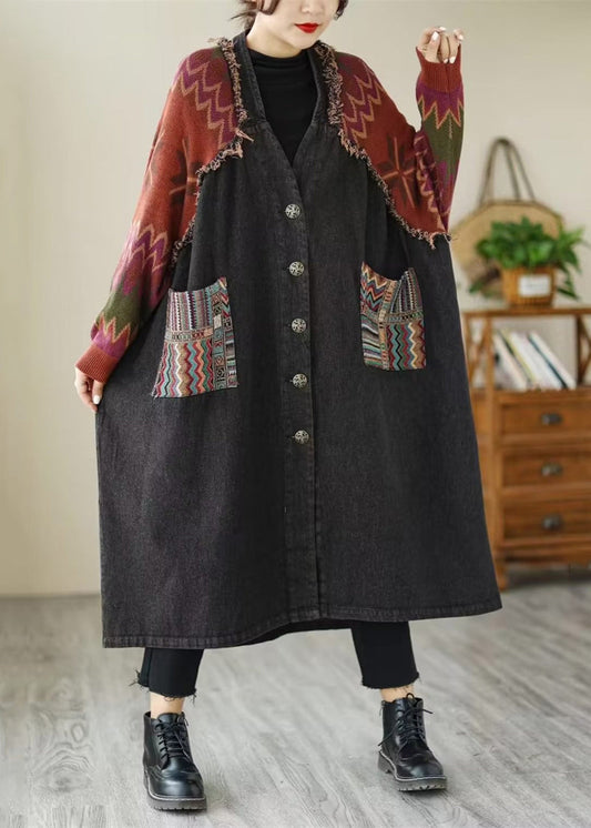 Loose Black Button Knit Patchwork Denim Long Coats Long Sleeve Ada Fashion