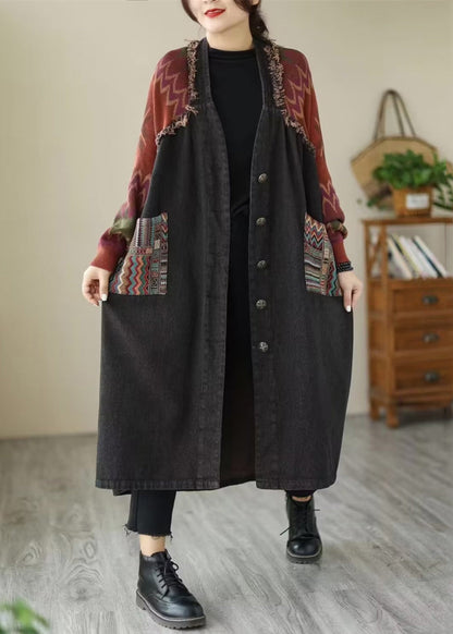 Loose Black Button Knit Patchwork Denim Long Coats Long Sleeve Ada Fashion