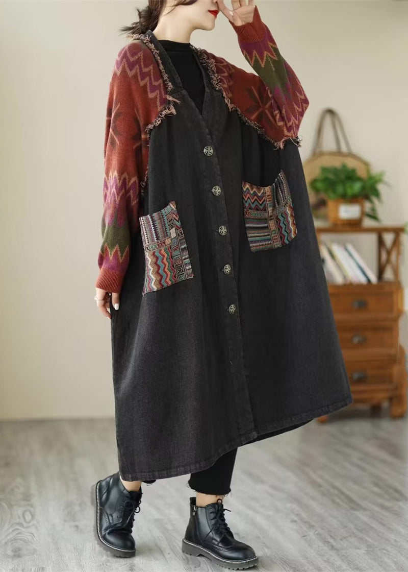 Loose Black Button Knit Patchwork Denim Long Coats Long Sleeve Ada Fashion