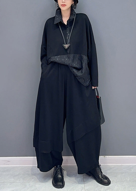 Loose Black Button Pockets Patchwork Cotton Two Pieces Set Fall Ada Fashion