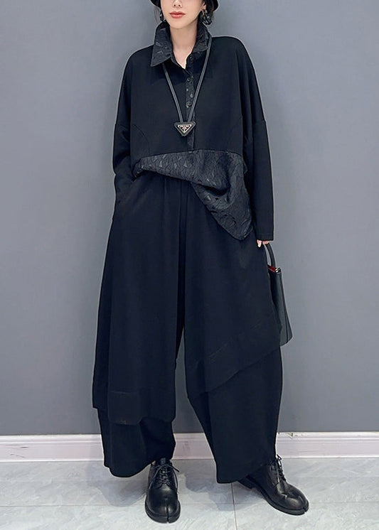 Loose Black Button Pockets Patchwork Cotton Two Pieces Set Fall Ada Fashion