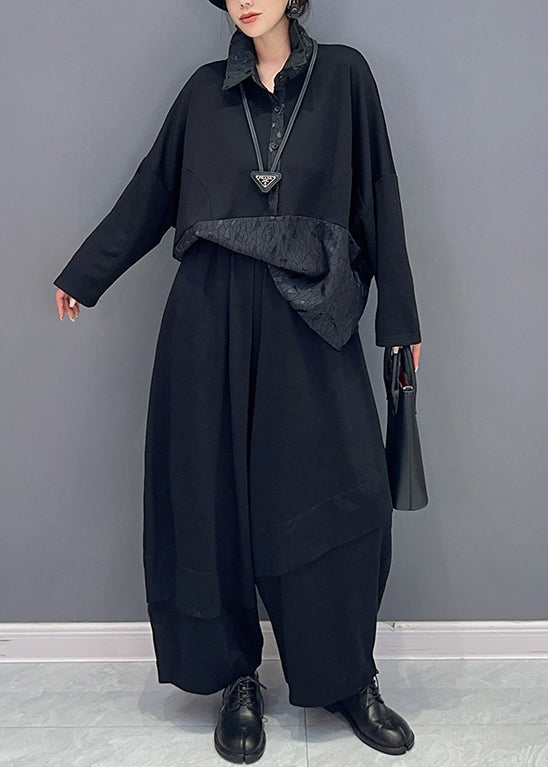 Loose Black Button Pockets Patchwork Cotton Two Pieces Set Fall Ada Fashion