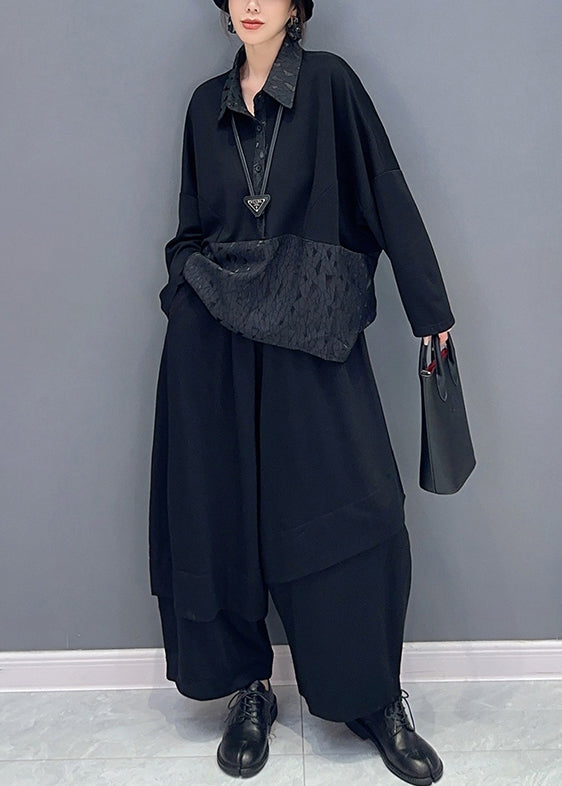 Loose Black Button Pockets Patchwork Cotton Two Pieces Set Fall Ada Fashion