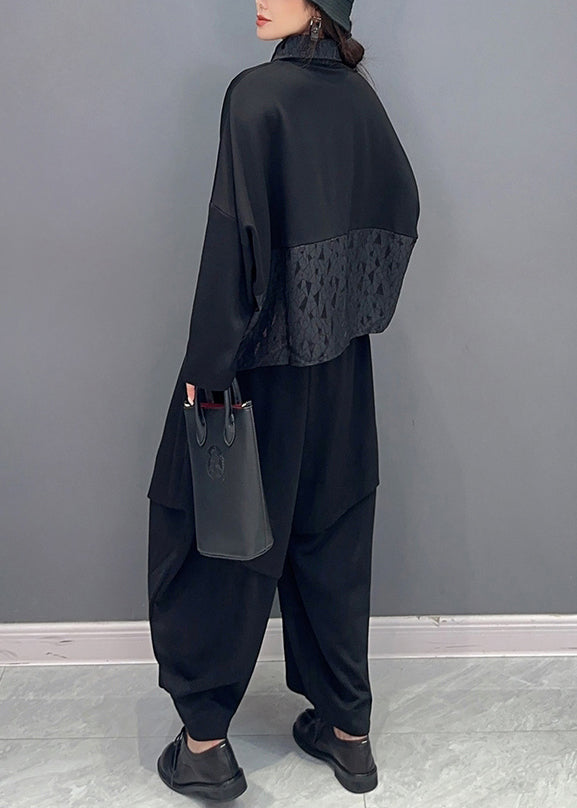 Loose Black Button Pockets Patchwork Cotton Two Pieces Set Fall Ada Fashion