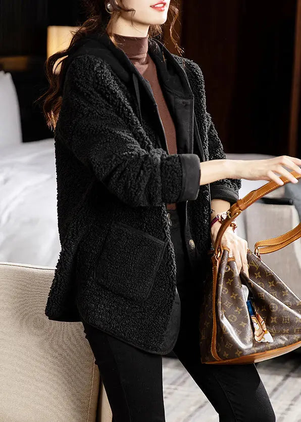 Loose Black Button Pockets Patchwork Teddy Faux Fur Coats Winter Ada Fashion