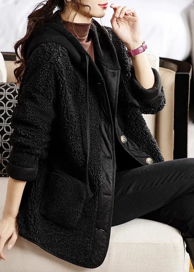 Loose Black Button Pockets Patchwork Teddy Faux Fur Coats Winter Ada Fashion