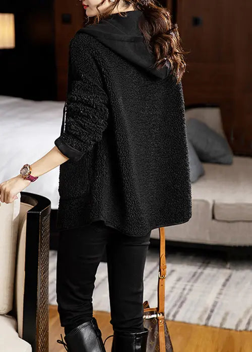 Loose Black Button Pockets Patchwork Teddy Faux Fur Coats Winter Ada Fashion