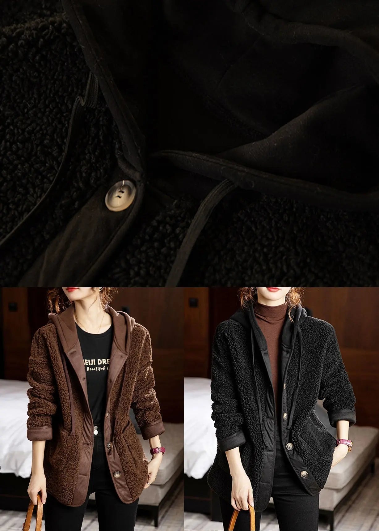 Loose Black Button Pockets Patchwork Teddy Faux Fur Coats Winter Ada Fashion