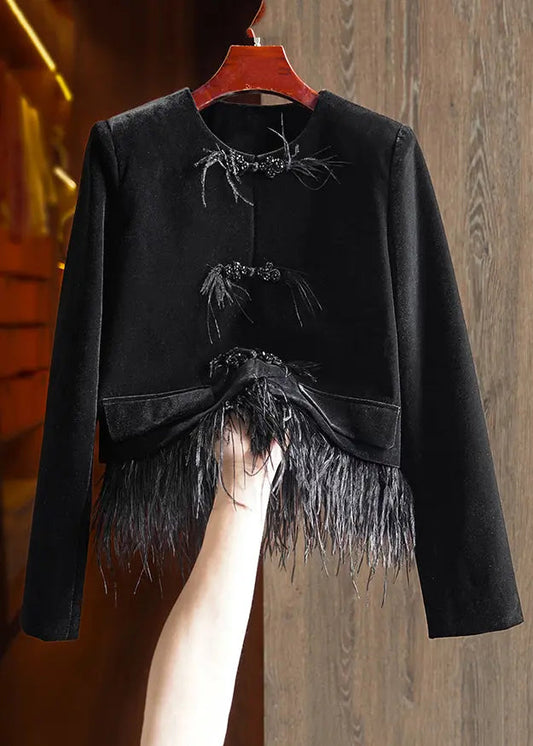 Loose Black Button Tasseled Detachable Patchwork Velour Coats Long Sleeve Ada Fashion