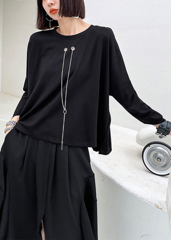 Loose Black Chain Linked High Design Patchwork Cotton Tops Batwing Sleeve Ada Fashion