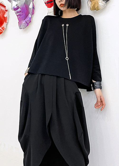 Loose Black Chain Linked High Design Patchwork Cotton Tops Batwing Sleeve Ada Fashion