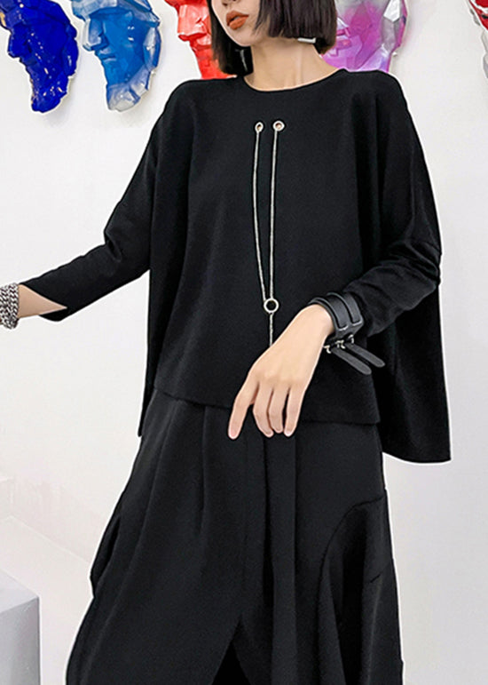 Loose Black Chain Linked High Design Patchwork Cotton Tops Batwing Sleeve Ada Fashion