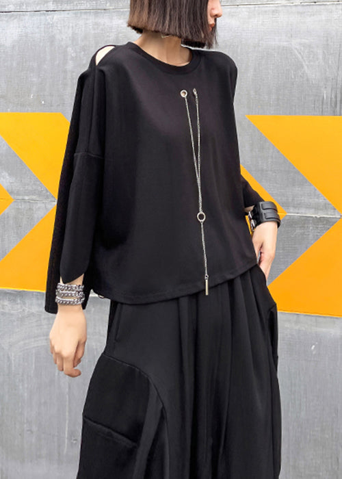 Loose Black Chain Linked High Design Patchwork Cotton Tops Batwing Sleeve Ada Fashion