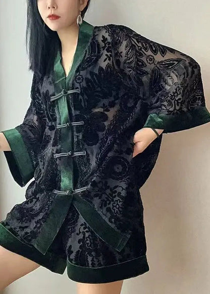 Loose Black Chinese Button Patchwork Tops And Shorts Velour Two Pieces Set Bracelet Sleeve Ada Fashion