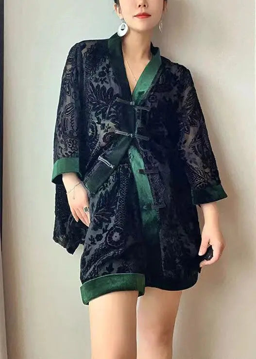 Loose Black Chinese Button Patchwork Tops And Shorts Velour Two Pieces Set Bracelet Sleeve Ada Fashion