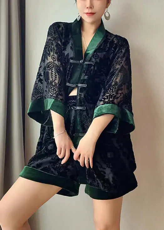 Loose Black Chinese Button Patchwork Tops And Shorts Velour Two Pieces Set Bracelet Sleeve Ada Fashion